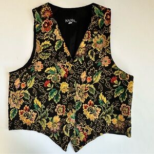 Vintage Nadia Black Floral‎ Tapestry Vest Italian Fabric Made USA M/L 90s Y2K